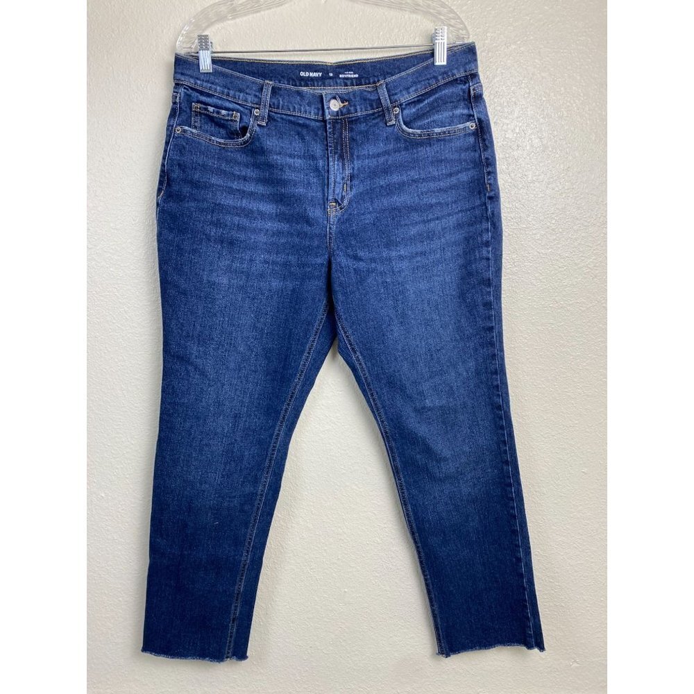 Old Navy Mid Rise Boyfriend Jeans Women size 12 Straight Blue Denim Cotton Blend